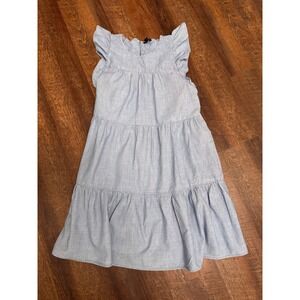 J. Crew Women's Size 4 Blue Chambray Tiered Ruffle Sleeve Cotton Dress Pockets